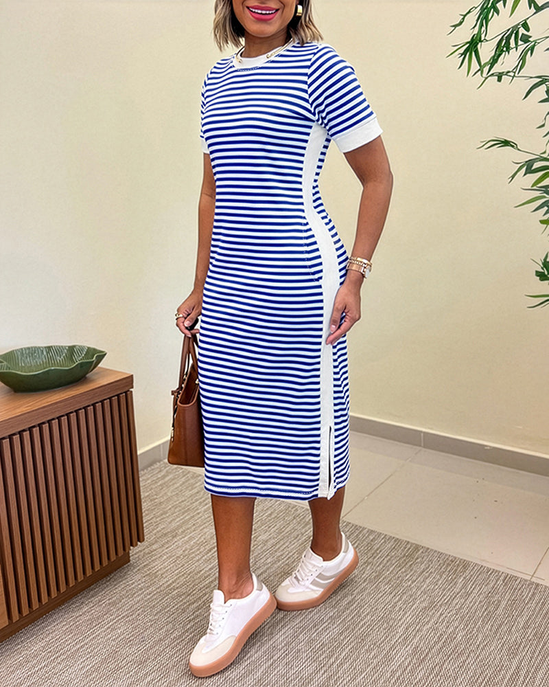 Women's Striped Midi T-Shirt Dress with Side Slit and Pockets - 5