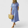 Women's Striped Shirt Dress Short Sleeve Button-Front Midi - Blue