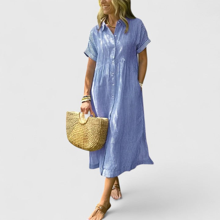 Women's Striped Shirt Dress Short Sleeve Button-Front Midi - Blue