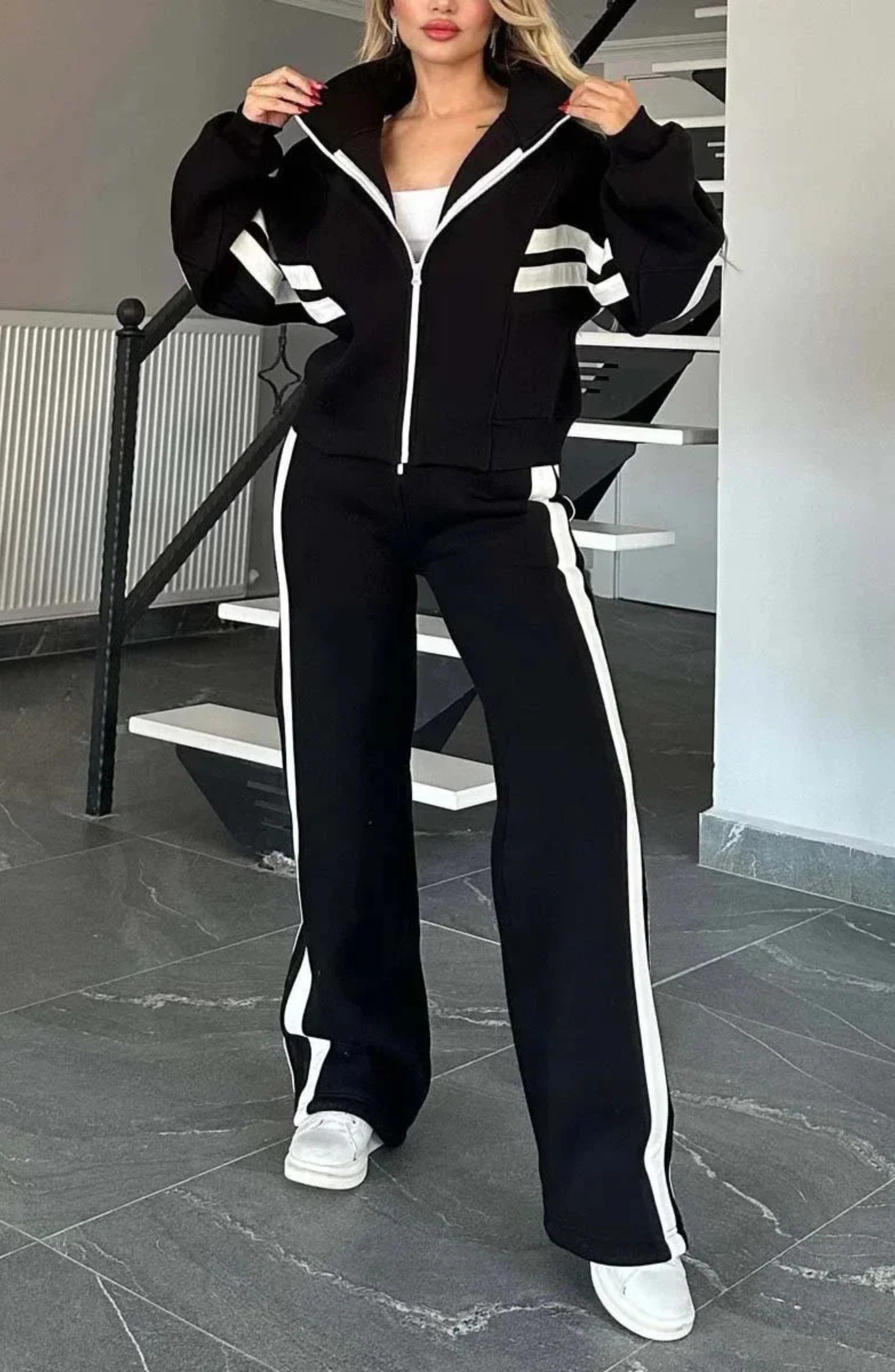 Women's Striped Co-Ord Set with Zip Jacket and Wide-Leg Trousers - 9