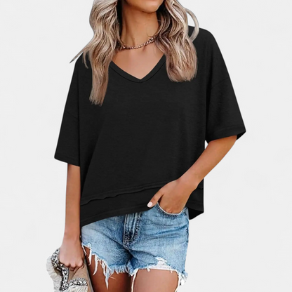 Women's Relaxed V-Neck Casual Tee - Black