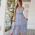 Women's Floral Midi Dress V-Neck with Flutter Sleeves and Tiered Hem - 2