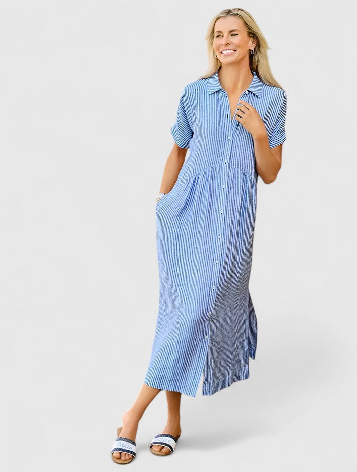Women's Striped Shirt Dress Short Sleeve Button-Front Midi - 3