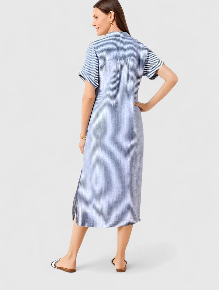 Women's Striped Shirt Dress Short Sleeve Button-Front Midi - 4