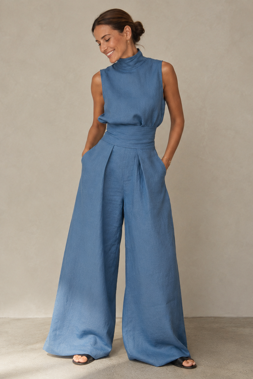 Women's Sleeveless Wide Leg Jumpsuit with High Neck and Wrap Belt - Blue