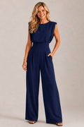 Women's Sleeveless Wide Leg Jumpsuit with Draped Bodice and Pleated Legs - Blue