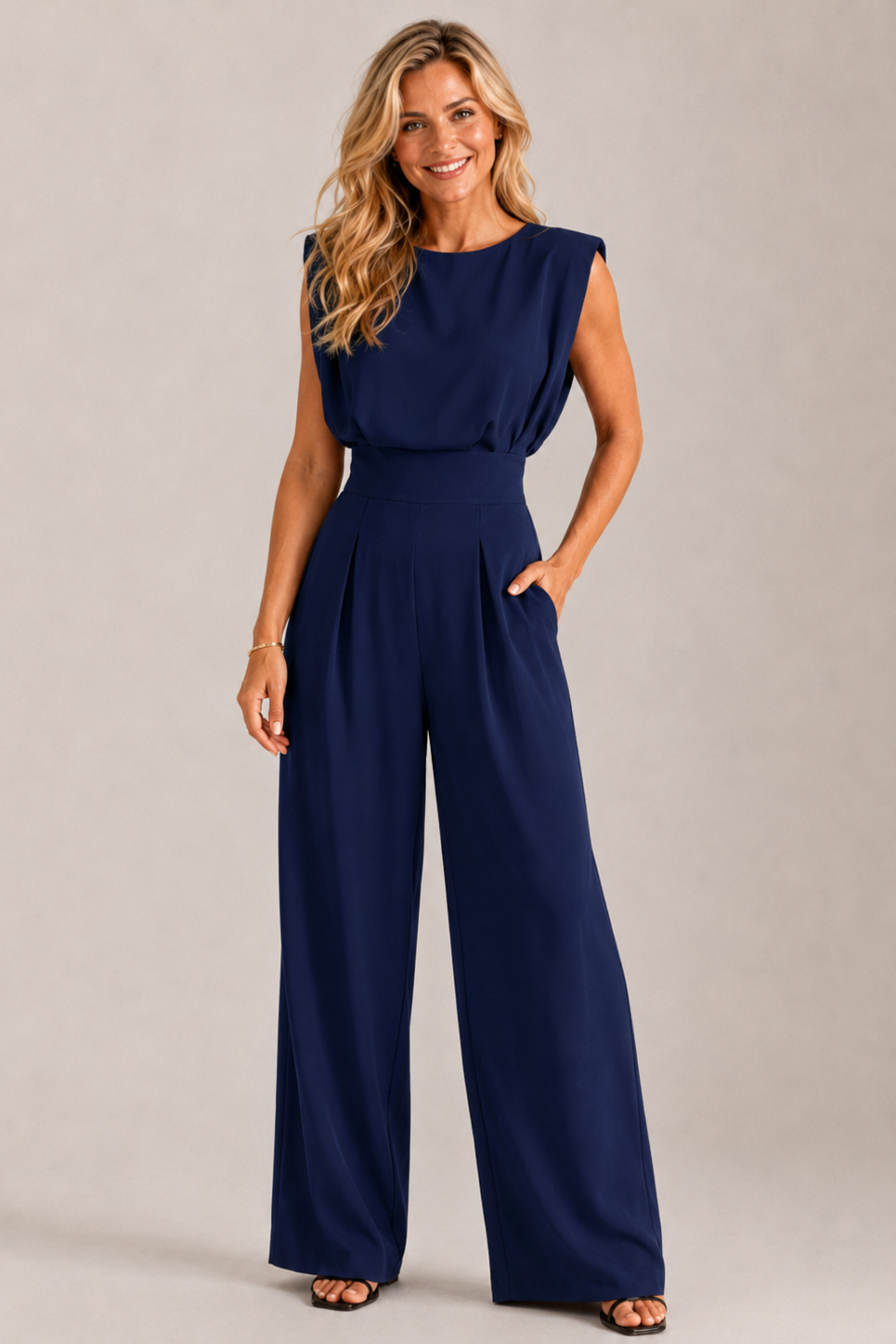 Women's Sleeveless Wide Leg Jumpsuit with Draped Bodice and Pleated Legs - Blue
