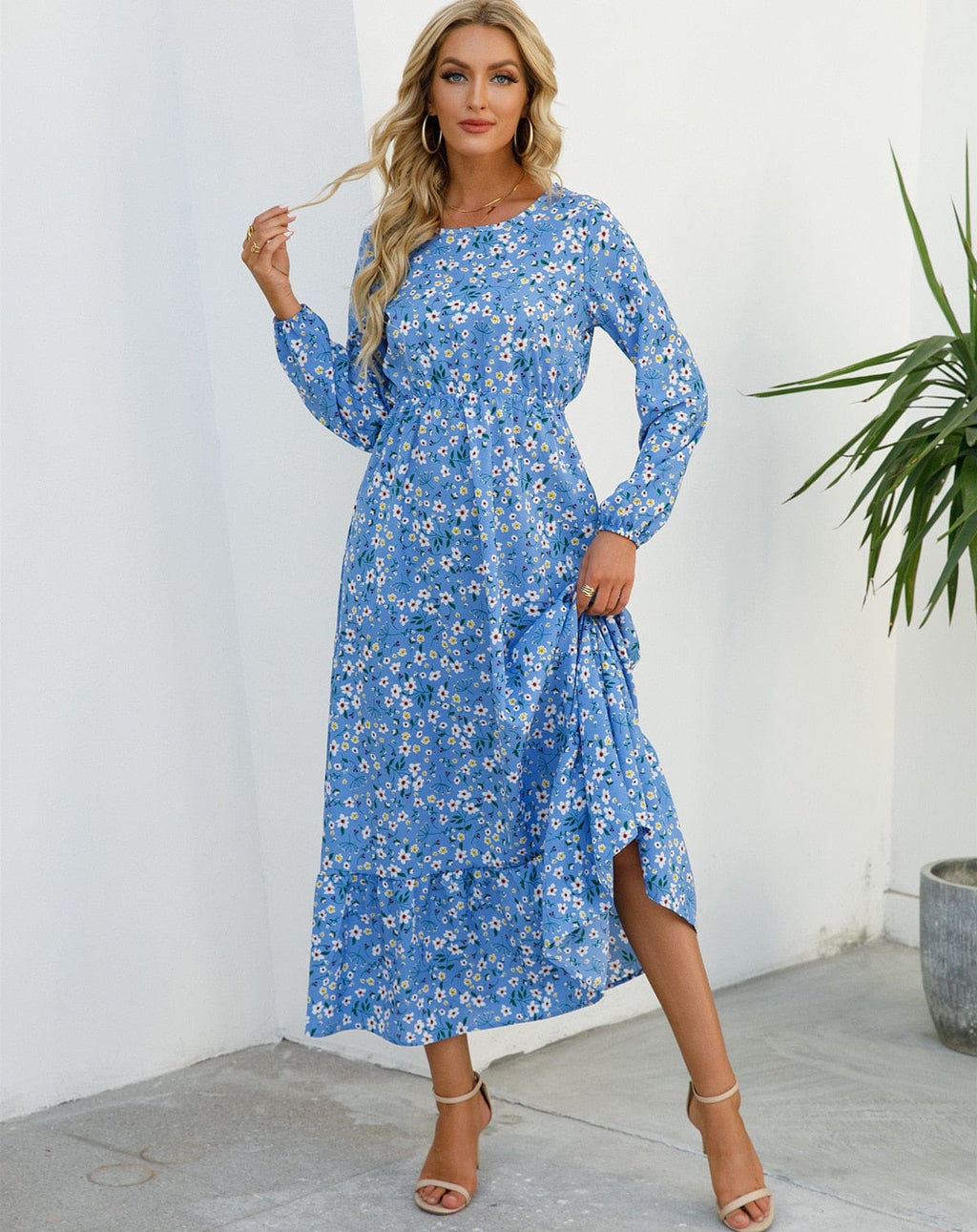 Women's Floral Maxi Dress Long Sleeve with Ruffle Hem and A-Line Silhouette - 2