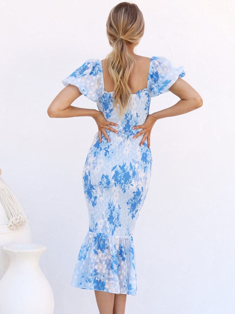 Women's Midi Dress Open Back with Flutter Sleeves and Ruffle Hem - 2