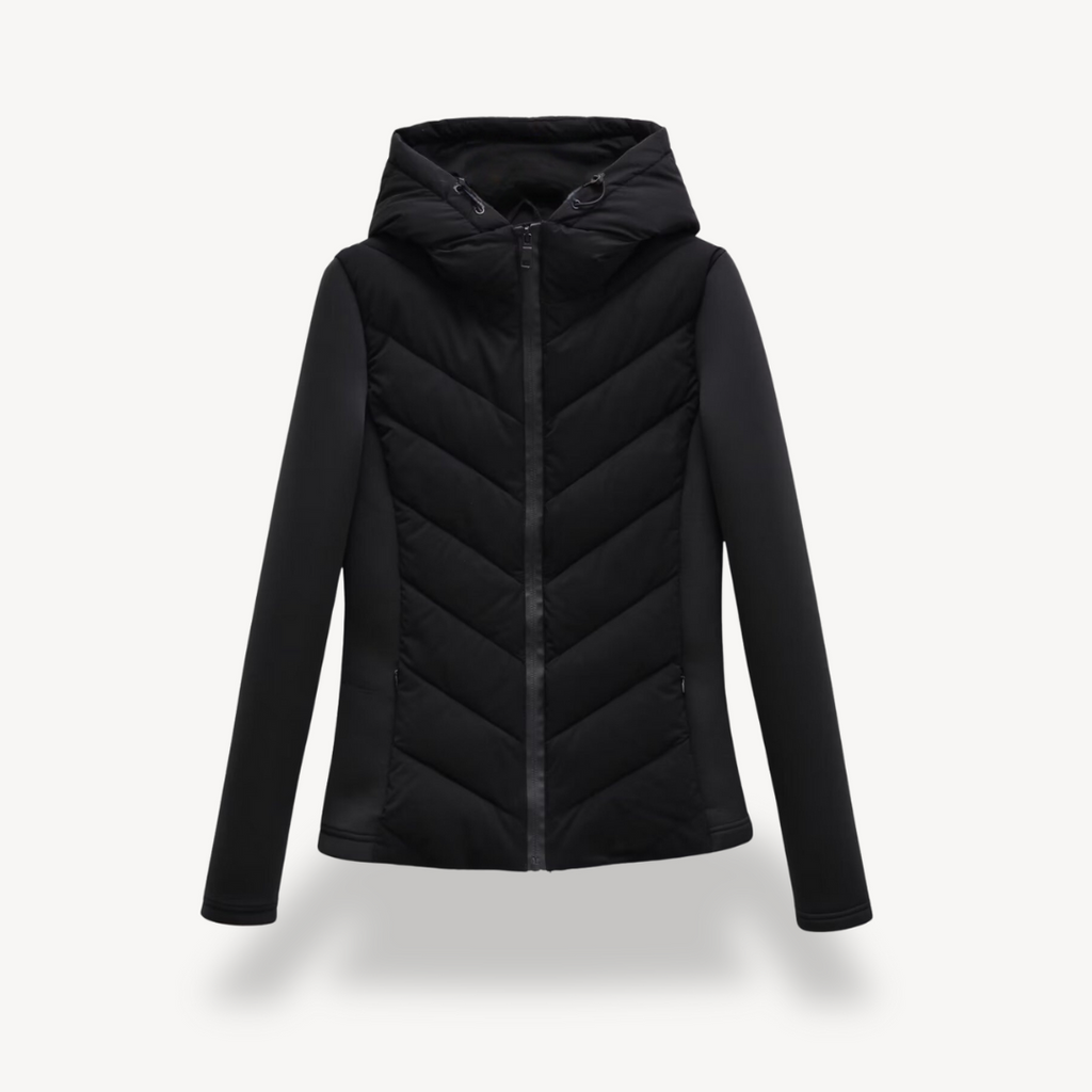 Women's Chevron Quilted Jacket with Hood - Black