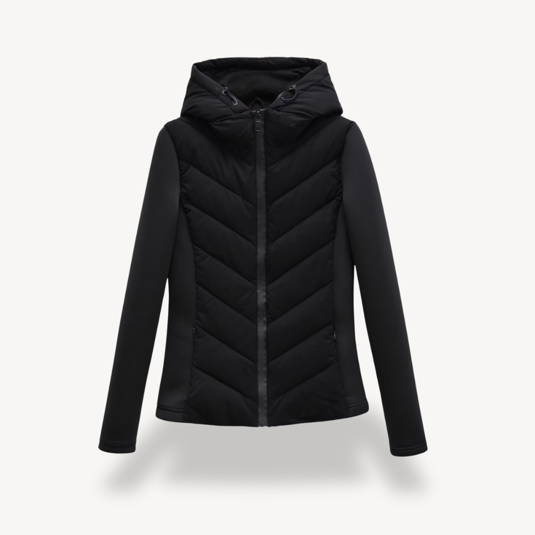 Women's Chevron Quilted Jacket with Hood - Black