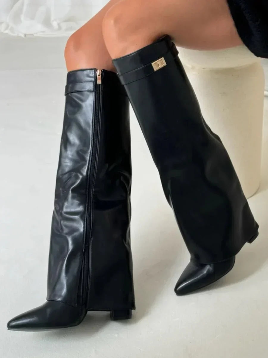 Women's Knee-High Boots with Fold-Over Shaft and Metallic Buckle - 16