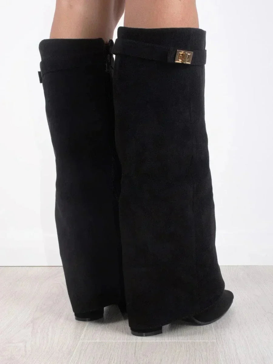 Women's Knee-High Boots with Fold-Over Shaft and Metallic Buckle - 7