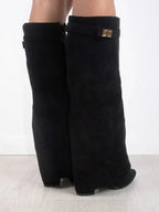 Women's Knee-High Boots with Fold-Over Shaft and Metallic Buckle - 7
