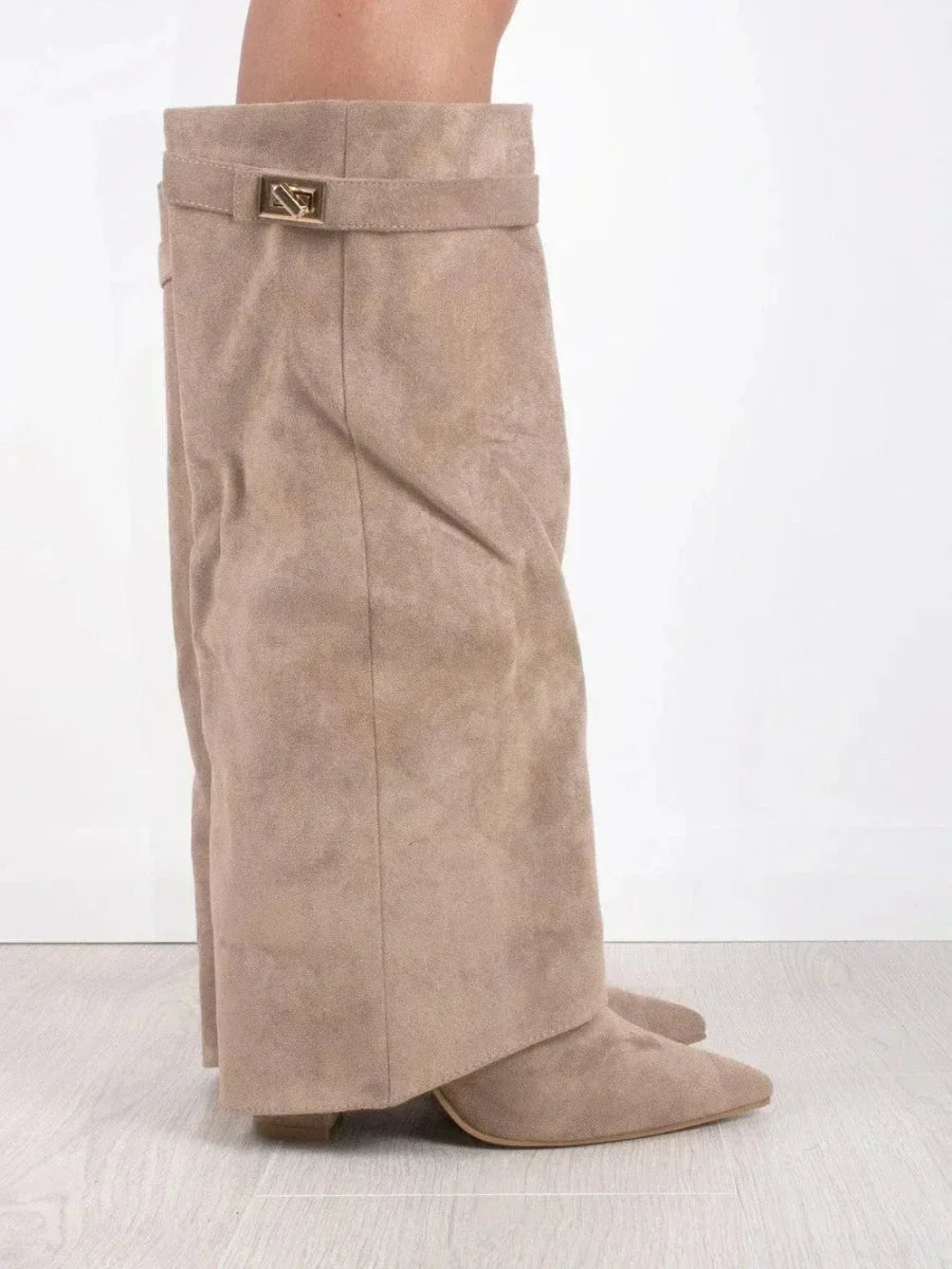 Women's Knee-High Boots with Fold-Over Shaft and Metallic Buckle - 11