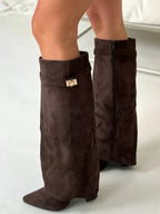 Women's Knee-High Boots with Fold-Over Shaft and Metallic Buckle - 14