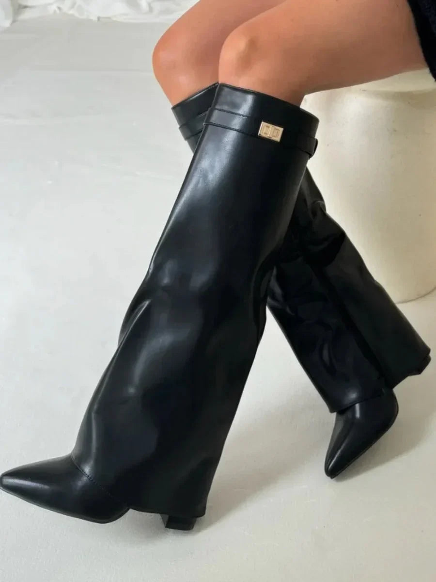 Women's Knee-High Boots with Fold-Over Shaft and Metallic Buckle - Black faux leather