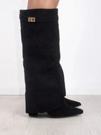 Women's Knee-High Boots with Fold-Over Shaft and Metallic Buckle - 4