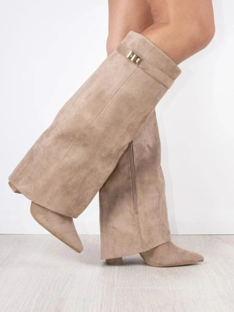 Women's Knee-High Boots with Fold-Over Shaft and Metallic Buckle - Beige suede