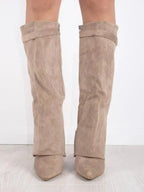 Women's Knee-High Boots with Fold-Over Shaft and Metallic Buckle - 9