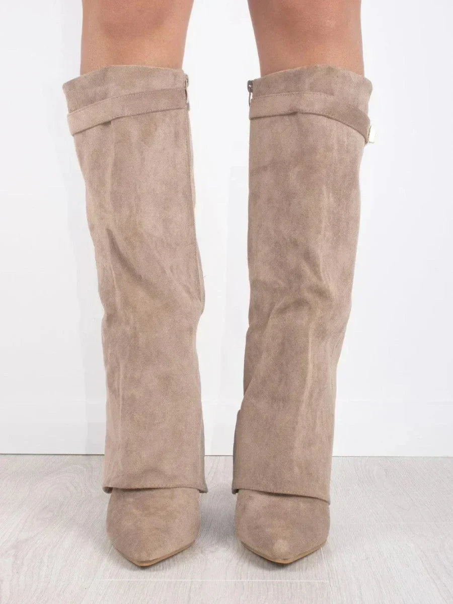 Women's Knee-High Boots with Fold-Over Shaft and Metallic Buckle - 9