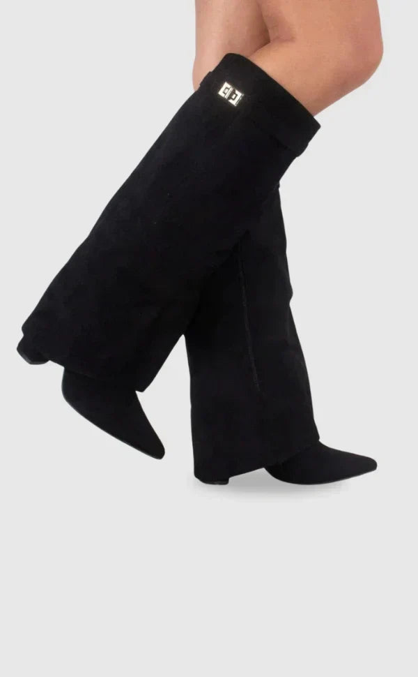 Women's Knee-High Boots with Fold-Over Shaft and Metallic Buckle - Black suede