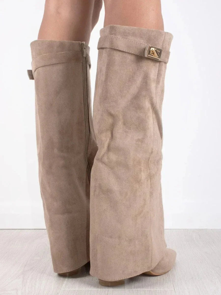 Women's Knee-High Boots with Fold-Over Shaft and Metallic Buckle - 10