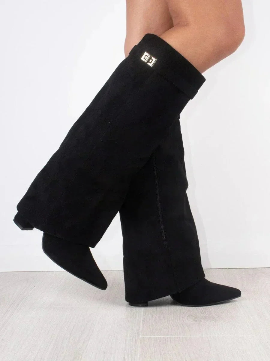 Women's Knee-High Boots with Fold-Over Shaft and Metallic Buckle - 5