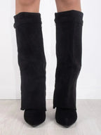 Women's Knee-High Boots with Fold-Over Shaft and Metallic Buckle - 6