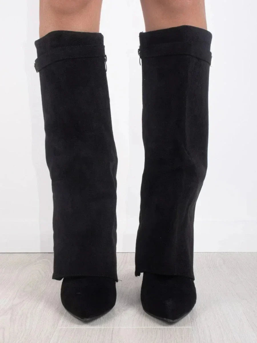 Women's Knee-High Boots with Fold-Over Shaft and Metallic Buckle - 6