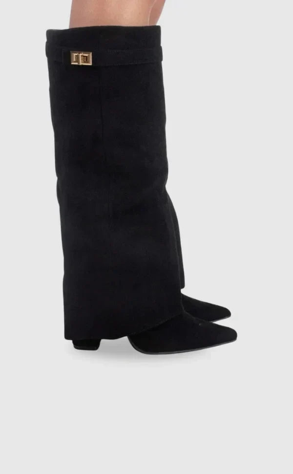 Women's Knee-High Boots with Fold-Over Shaft and Metallic Buckle - 2