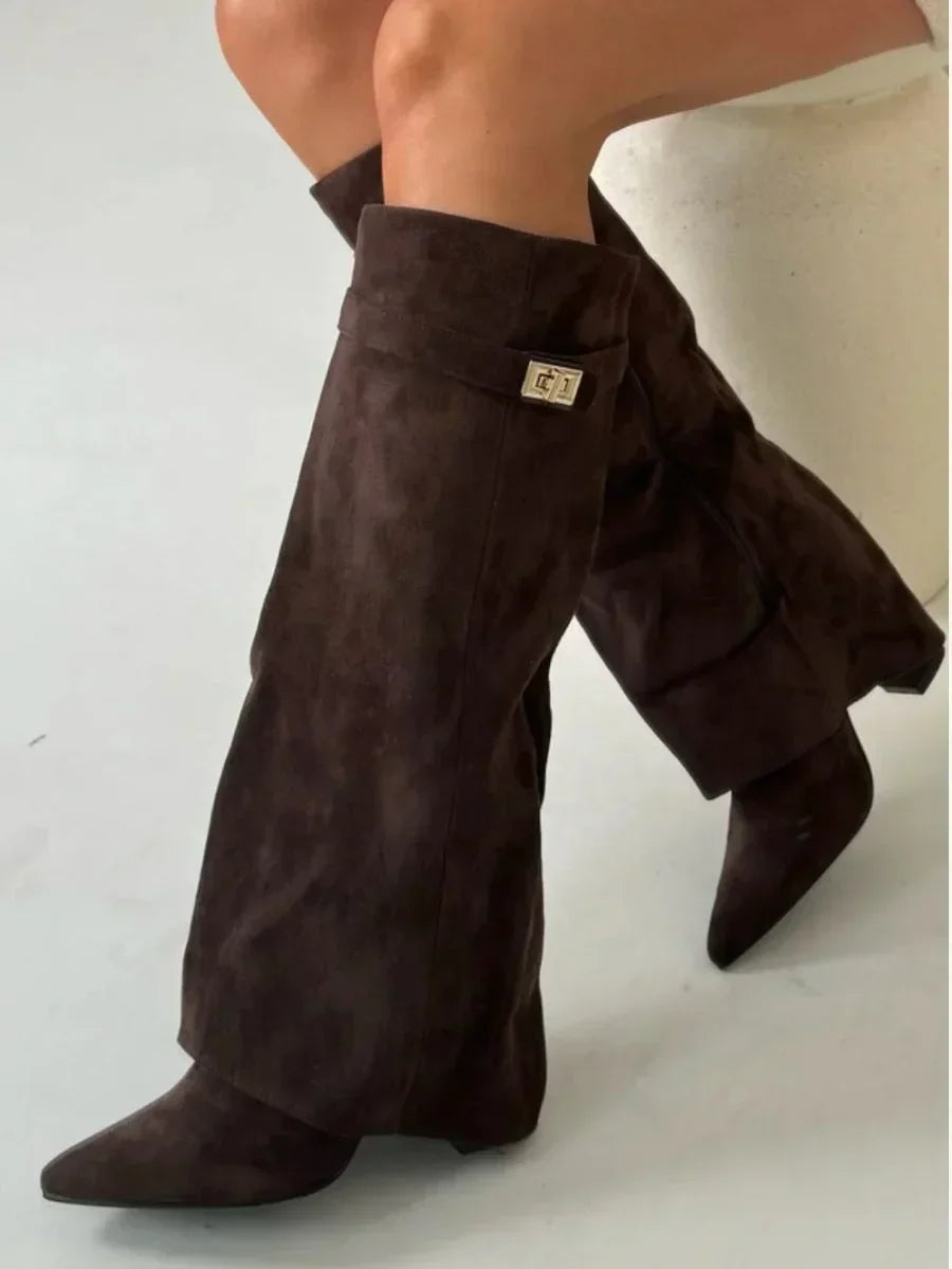 Women's Knee-High Boots with Fold-Over Shaft and Metallic Buckle - Brown suede
