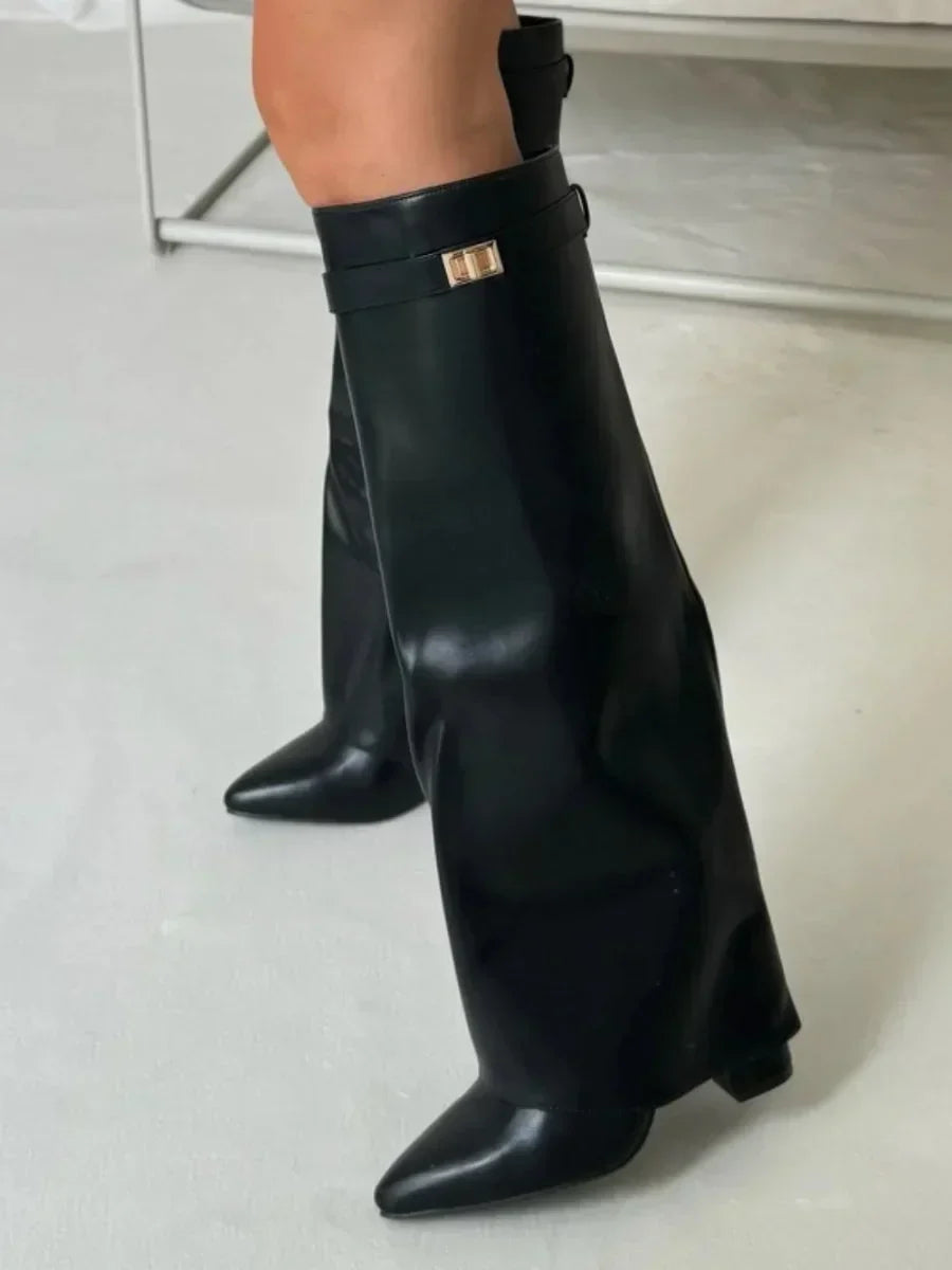 Women's Knee-High Boots with Fold-Over Shaft and Metallic Buckle - 17