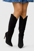 Women's Knee-High Boots with Pointed Toe and Side Zip - Black Suede