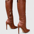 Women's Knee-High Boots with Pointed Toe and Side Zip - Brown Leather
