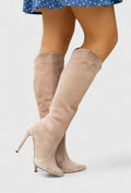 Women's Knee-High Boots with Pointed Toe and Side Zip - Beige Suede