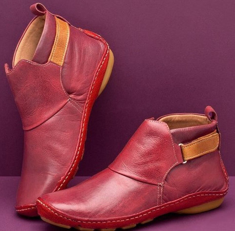 Women's Ankle Boots with Slip-Resistant Sole and Contrast Panel - Red