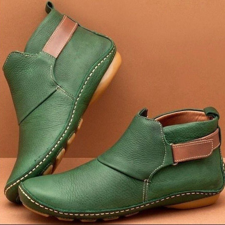 Women's Ankle Boots with Slip-Resistant Sole and Contrast Panel - Green