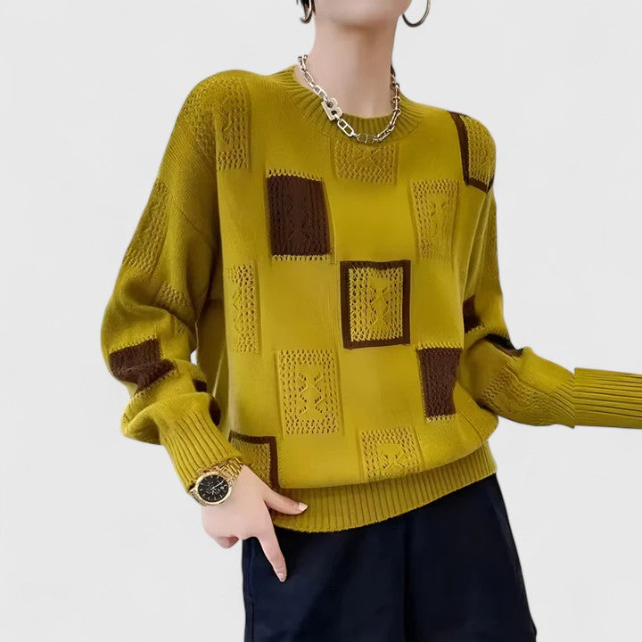 Women's Jumper Round Neck Openwork Colour-Block Knit - Yellow