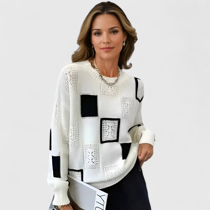 Women's Jumper Round Neck Openwork Colour-Block Knit - White