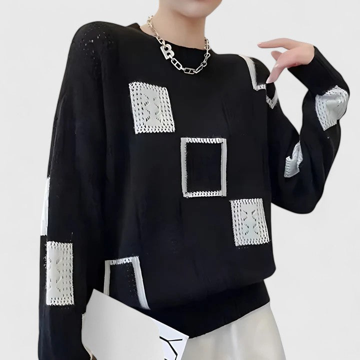 Women's Jumper Round Neck Openwork Colour-Block Knit - Black