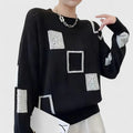 Women's Jumper Round Neck Openwork Colour-Block Knit - Black