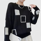 Women's Jumper Round Neck Openwork Colour-Block Knit - Black