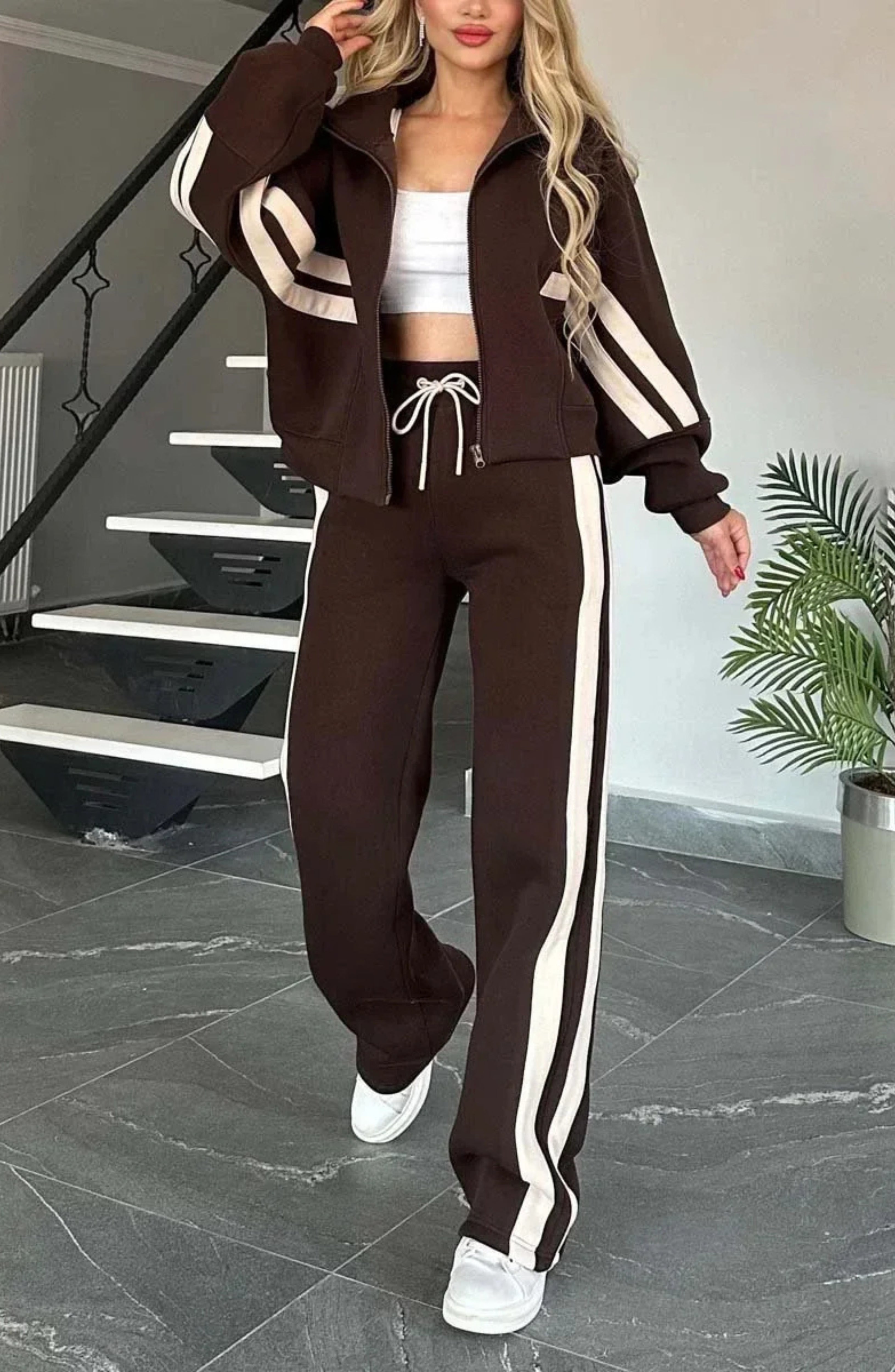 Women's Striped Co-Ord Set with Zip Jacket and Wide-Leg Trousers - 8