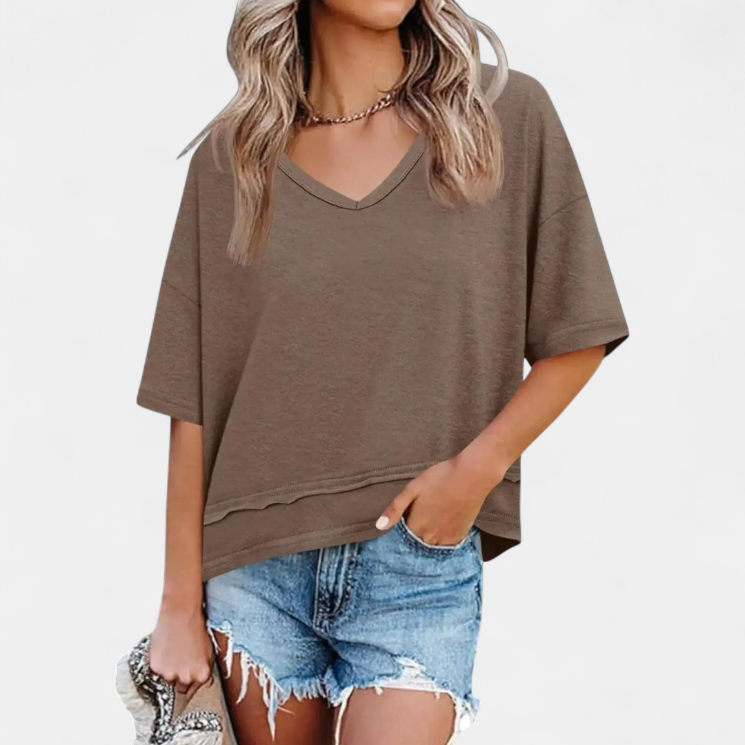 Women's Relaxed V-Neck Casual Tee - Brown