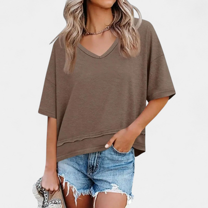 Women's Relaxed V-Neck Casual Tee - Brown