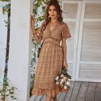 Women's Midi Dress V-Neck Short Sleeve with Ruffle Hem and A-Line Silhouette - 2