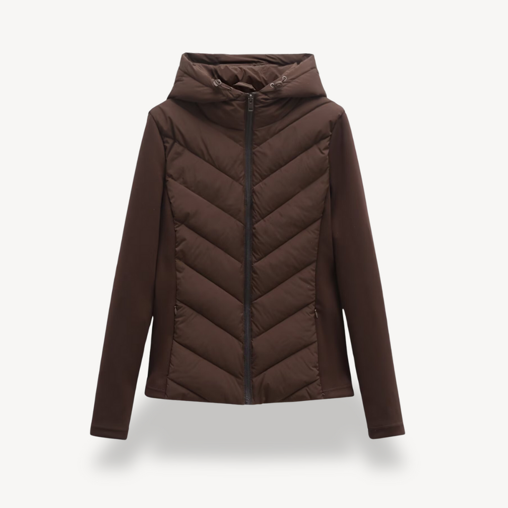 Women's Chevron Quilted Jacket with Hood - Brown