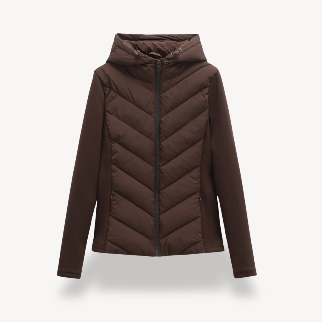 Women's Chevron Quilted Jacket with Hood - Brown