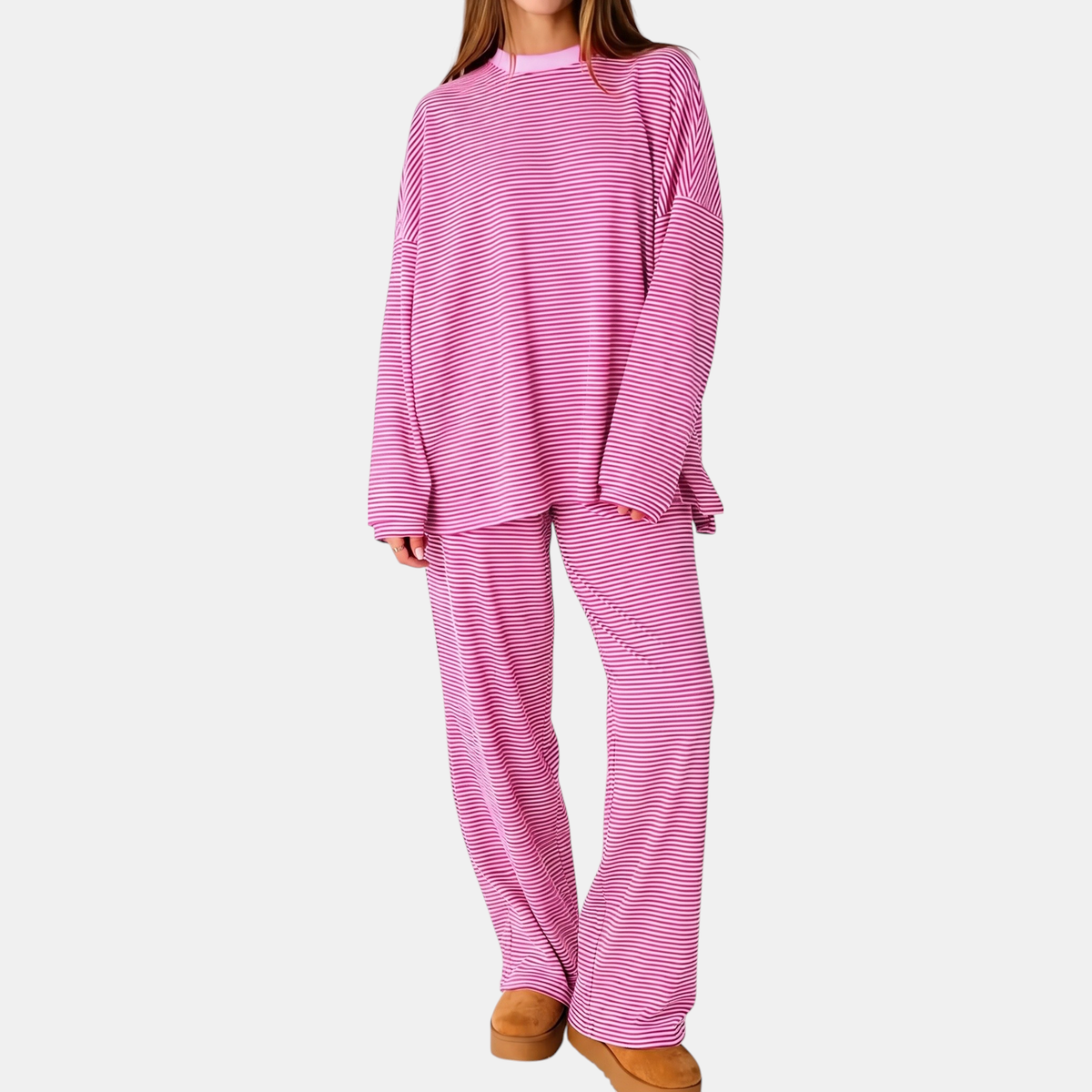 Women's Pyjamas Sets Oversized Wide Leg Striped Two Piece Set - Pink